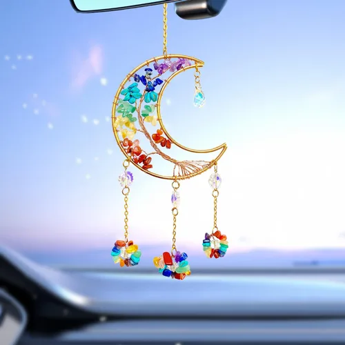 Vista 2 de Atrapasueños de luna con cristal de 7 chakras, atrapasueños, atrapasueños de cristal, arco iris, decoración de buena suerte para ventana, pared