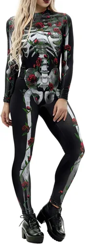 Vista 5 de Fixmatti - Disfraz de fiesta de Halloween para mujer, traje de manga larga con estampado de calavera