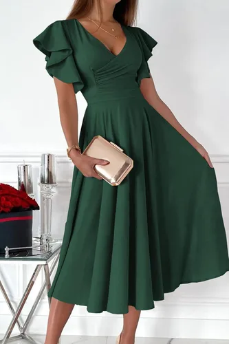 Vista 2 de PRETTYGARDEN - Vestido de verano para mujer, debajo de la rodilla, manga casquillo con volantes, cuello en V, acampanado, vestido de cóctel y fiesta