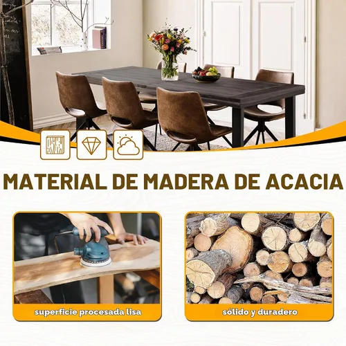 Vista 7 de Mesa de comedor Flamaker para 6 personas de madera de acacia FSC para interior y exterior, mesa de cocina del hogar con patas de hierro, mesa grande