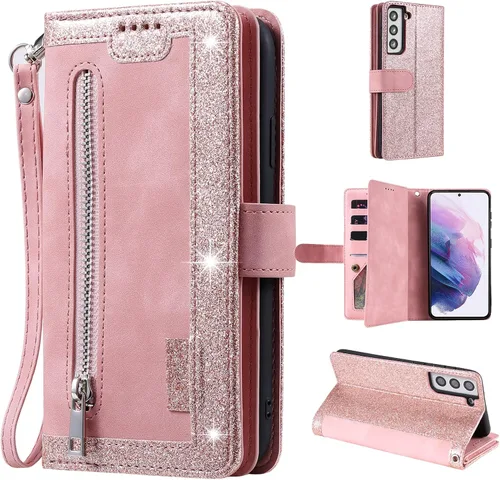 Vista 14 de UEEBAI Funda tipo cartera para Samsung Galaxy S22 5G, Retro 9 ranuras para tarjetero, bolsillo con cremallera, cierre magnético, función atril