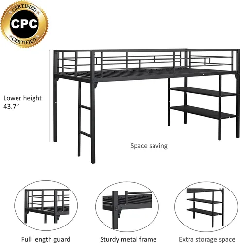 Vista 4 de Cama baja de metal individual con estantes de almacenamiento y escalera, litera flotante para niños, ahorro de espacio, no necesita somier, fácil
