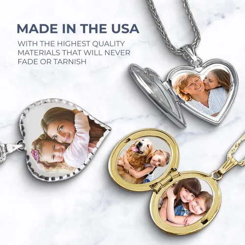 Vista 5 de Colgante personalizable PicturesOnGold.com con foto en forma de corazón grabado, collar con foto, colgante con foto con corte de diamante, 34 x 34