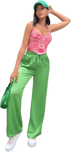 Vista 5 de SweatyRocks Pantalones de satén de pierna ancha para mujer con cintura elástica y bolsillo