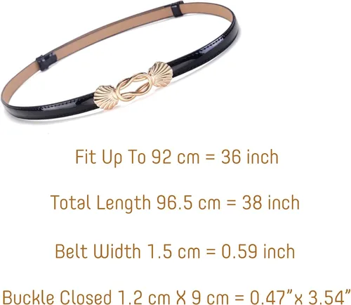 Vista 6 de Cinturón ajustado de piel de charol para mujer, cinturón de cintura ajustable con hebilla de aleación de color dorado sólido