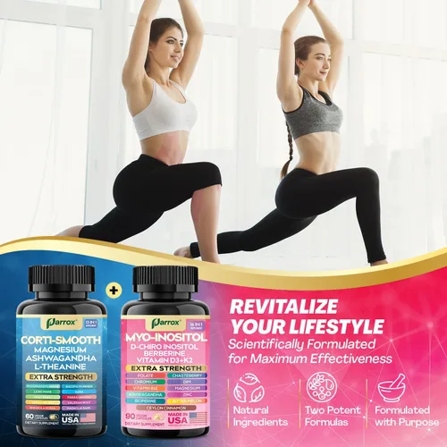 Vista 2 de Paquete calmante y suavizante: suplemento de cortisol y mio-inositol con Ashwagandha, L-teanina, magnesio, D-Chiro inositol, DIM, Chasteberry