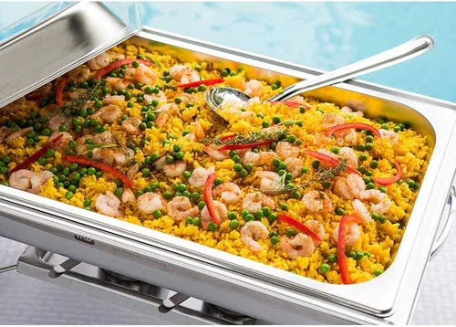 Vista 3 de Restaurantware Met Lux - Plato de 9 cuartos de galón, 1 bandeja de inducción lista para servir – Marco rectangular plegable de acero inoxidable