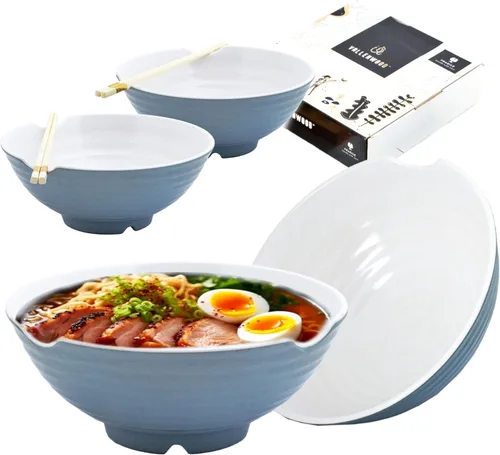 Vista 11 de Juego de 4 cuencos de ramen XL. 12 piezas Pho Bowls. Sopa japonesa asiática. Utensilio: cucharas y palillos. Melamina, grande 52 oz. Fideos, arroz