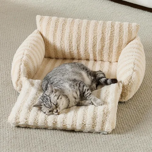 Vista 6 de Hollypet Cama para gatos, mullida, multifuncional, de doble capa, suave para mascotas, sofá ortopédico para gatos y perros pequeños, color beige
