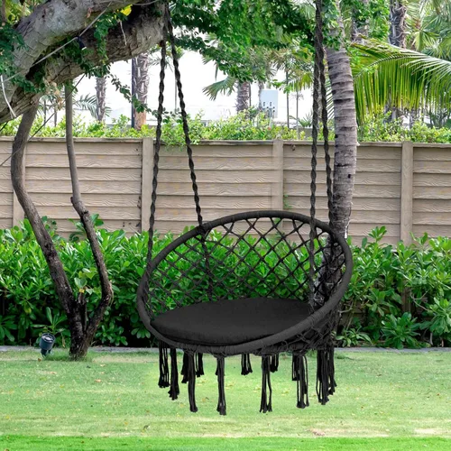 Vista 3 de Tangkula Silla hamaca con cojín, estilo bohemio de macramé con kit de accesorios para colgar y correa, columpio de cuerda colgante para interiores