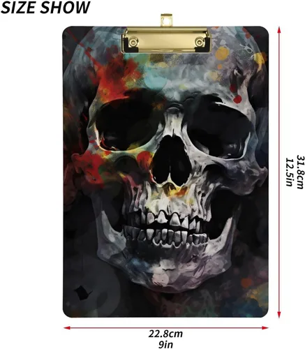 Vista 3 de Vnurnrn Portapapeles de plástico de calaveras coloridas con gancho tamaño A4 12,5 x 9 pulgadas clip de oro para la oficina de dibujo