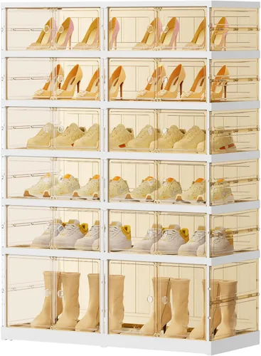 Vista 12 de EHAMILY 3 niveles, 6-12 pares de cajas de zapatos plegables, estante grande de plástico para almacenamiento de zapatos, organizador de zapatos