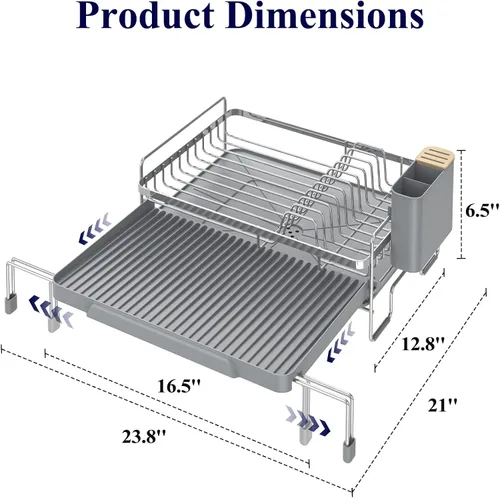 Vista 2 de Kitsure Escurridor extensible para platos – Longitud ajustable de 12.8 a 21.0 pulgadas, escurreplatos de drenaje automático para encimera de cocina