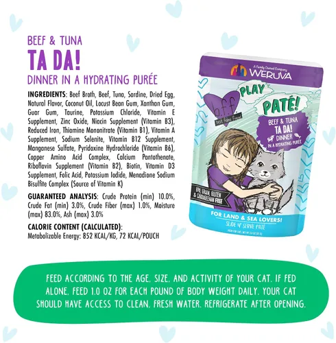 Vista 5 de Weruva B.F.F. PLAY - Best Feline Friend Paté Lovers, Aw Yeah!, Beef & Atún Ta Da! con carne de res y atún, bolsa de 3 onzas (paquete de 12)