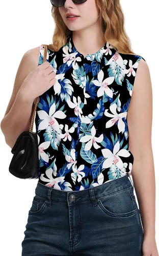Vista 7 de YAMANMAN Camisas sin mangas con botones para mujer, blusa clásica con cuello en V