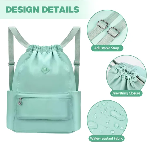 Vista 5 de Mochila con cordón y bolsillo húmedo, mochila de gimnasio resistente al agua, bolsa de cuerda para playa, natación, para mujeres y hombres