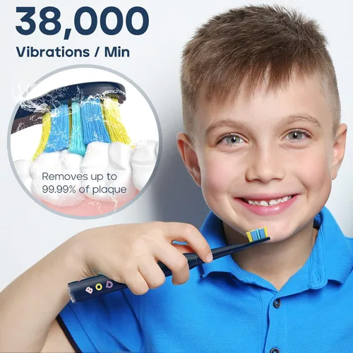 Vista 7 de SEAGO Cepillo de dientes eléctrico para niños, cepillos de dientes recargables de cerdas suaves sónicos con calcomanías de bricolaje, 5 modos, marino