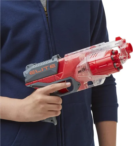 Vista 2 de NERF Elite Disrupter Blaster - Tambor giratorio de 6 dardos, Slam Fire, rojo translúcido (exclusivo de Amazon)