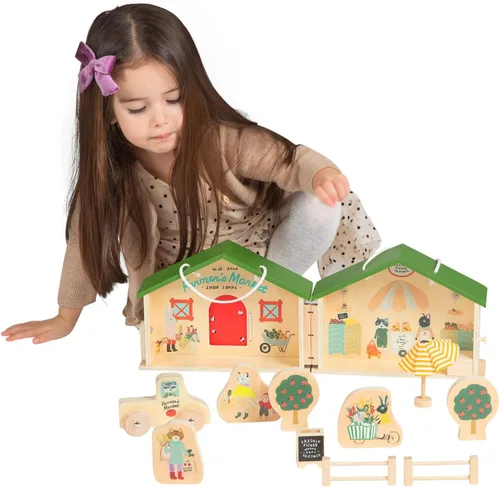 Vista 6 de Manhattan Toy Mercado de Granjeros 12 Piezas Juego de Figuras de Juguete de Madera Portátil para Simular Compras