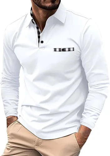 Vista 25 de Polo de manga larga para hombre, diseño casual de algodón con bolsillo, cuello clásico con botón para golf