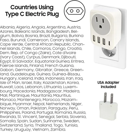 Vista 7 de Adaptador de enchufe de viaje europeo USB C, adaptador de enchufe internacional Cellet con 1 salidas de CA y 4 puertos USB, cargador adaptador