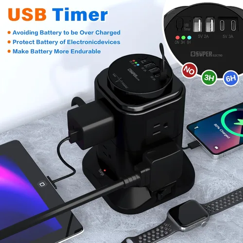 Vista 3 de cable de extensión con temporizador USB, 8 salidas de CA con 4 puertos USB (2 USB C), protector de sobretensiones 1200J de 6.56 pies, cable
