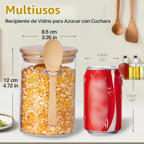 Vista 5 de Tarro de vidrio hermético con tapa y cuchara de bambú, recipientes de vidrio de 15 onzas con tapa para té de granos de especias, recipiente