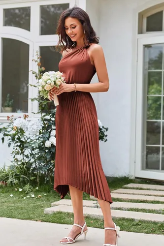 Vista 6 de GRACE KARIN Vestido de satén de verano 2023 con un hombro descubierto para mujer, sin mangas, plisado, vestido midi sexy de cóctel