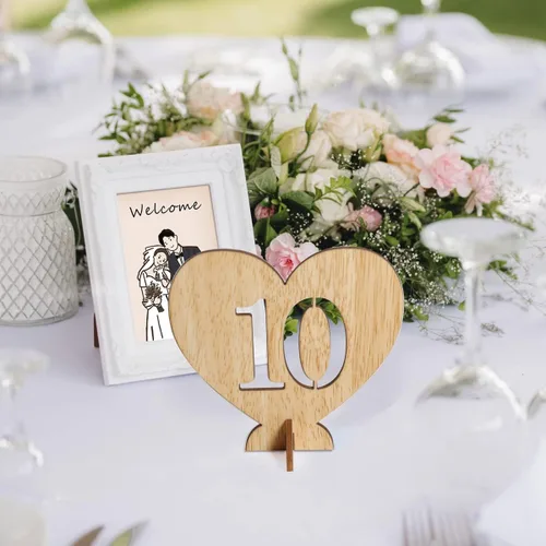 Vista 5 de Números de mesa de madera con forma de corazón del 1 al 20 con base de soporte, tarjetas de madera rústicas huecas para bodas, fiestas, decoración