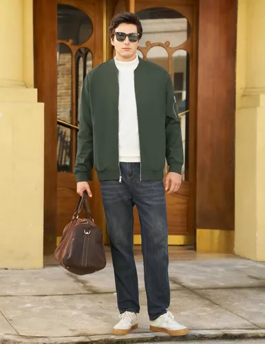 Vista 2 de CRYSULLY Chaquetas bomber ligeras para hombre, con cremallera completa, casual, rompevientos, de golf, a la moda, con bolsillo