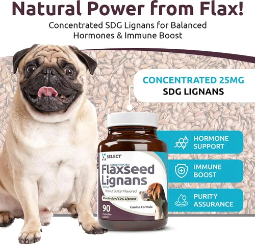 Vista 2 de K9 Select Lignans concentrados de linaza para perros, 20 mg 90 tabletas, sabor a mantequilla de maní, masticable, Impove Coat