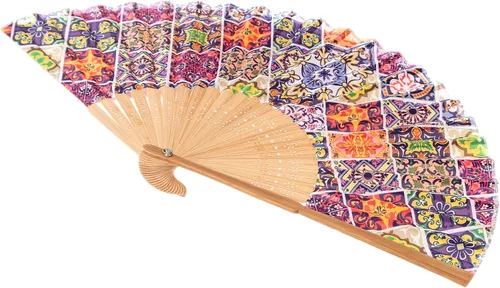 Vista 7 de Abanico de mano de bambú Salutto con patrón impreso, abanico plegable para regalo de fiesta de boda, azulejo vidriado