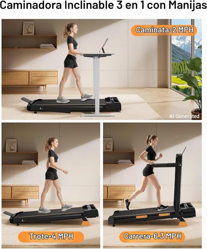Vista 4 de 16% Incline Walking Pad Treadmill, 3-in-1 Under Desk Treadmill with Handles