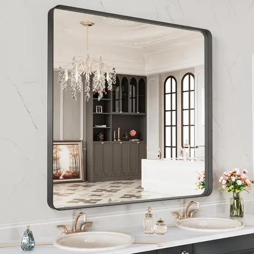 Vista 38 de LOAAO 20x16 Pulgadas Espejo de Baño con Marco de Metal Negro para Pared, Espejo de Tocador de Baño de Estilo Granja, Espejo Grande Rectangular