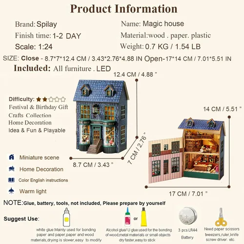 Vista 4 de Spilay Kit de muebles de madera en miniatura para casa de muñecas, mini casa de muñecas hecha a mano con LED, escala 1:24, juguetes creativos