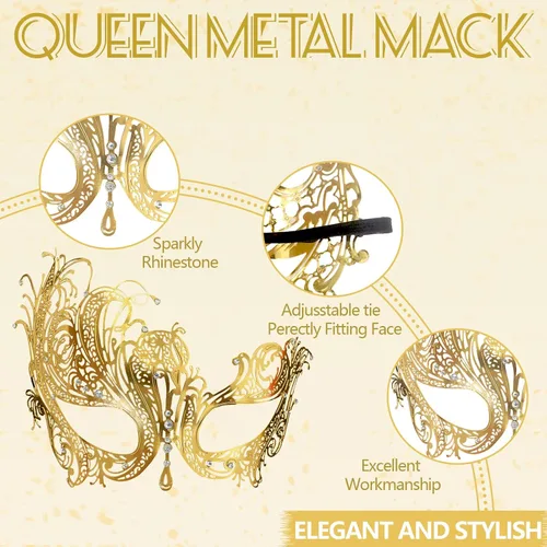 Vista 3 de Máscara de máscaras para parejas, elegante juego de máscaras venecianas de metal y cuero, máscaras de Halloween para mujeres y hombres
