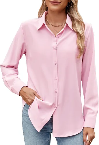 Vista 8 de Camisa de manga larga con botones para mujer, ultra suave, elástica, sin arrugas, para trabajo, casual, negocios, oficina