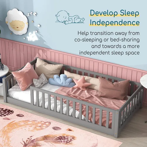 Vista 4 de Tatub Cama de suelo individual con barandillas de seguridad y puerta y listones, marco de cama Montessori de madera para niños y niñas, tamaño Gris