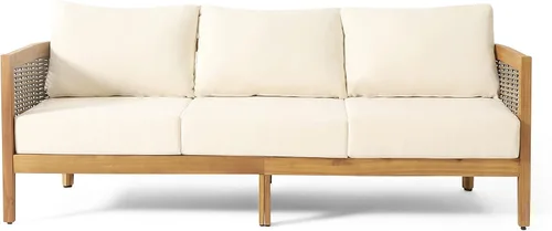 Vista 5 de Merax Sofá de mimbre de madera de acacia al aire libre de 76.5 pulgadas, sofá de 3 plazas para patio trasero