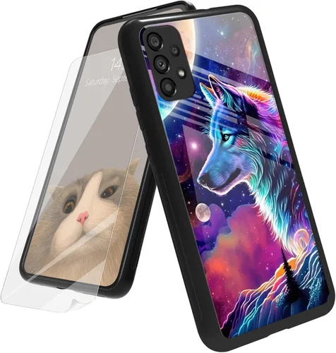 Vista 120 de Funda para Samsung Galaxy A12 5G con protector de pantalla, parte trasera de vidrio templado + TPU de silicona suave que absorbe los golpes