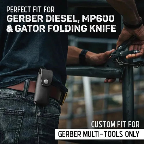 Vista 5 de American Bench Craft Funda multiherramienta de cuero y estuche para cuchillos para Gerber Diesel, MP600 y Gator plegable Funda de cuero remachada