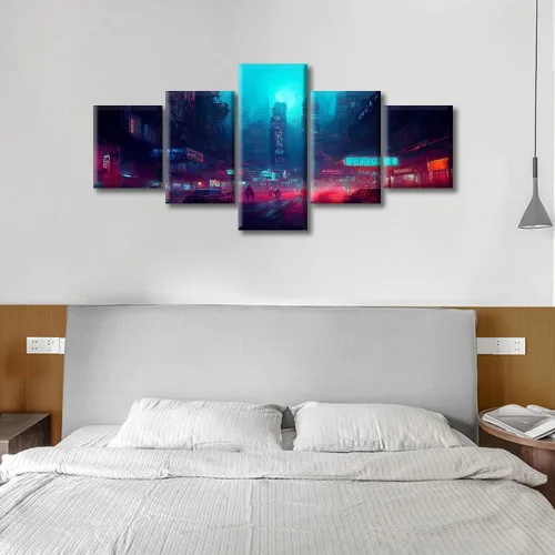 Vista 368 de Cuadros de 5 paneles de Cyberpunk City, arte de pared, representación de vallas publicitarias, edificios modernos en la capital con obras de arte
