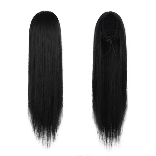 Vista 2 de BARSDAR Extensión de Cola de Caballo Corta y Recta - Extensiones de Cabello de Cola de Caballo con Cordón de 14 Pulgadas en Negro para Mujeres