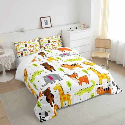 Vista 5 de Erosebridal Juego de ropa de cama individual de animales del zoológico para niños, lindo juego de edredón de animales salvajes de dibujos animados