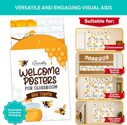 Vista 7 de Decorably 15 carteles de bienvenida con temática de abejas para aulas, escuela primaria, secundaria, inspirador, laminado mate con diseño vibrante