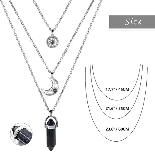 Vista 5 de MJartoria Collar de pentagrama de luna, collar de chakra de cristal, colgante, con dije, cadena de aleación multicapa, conjunto de gargantilla