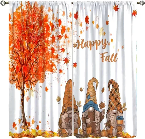 Vista 13 de Cortinas de calabaza enana de otoño, decoración del hogar de Acción de Gracias en otoño, patrón de hojas de arce y girasol, 42 pulgadas de ancho x