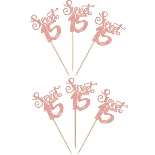 Vista 3 de 36 piezas de adornos para cupcakes con purpurina de 15 años de 15 años para cumpleaños, aniversario, fiesta, suministros de decoración de tartas