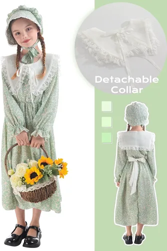 Vista 3 de NSPSTT Disfraz de pionera para niña, vestidos de pradera para niñas, vestido colonial floral para niña de los años 1800