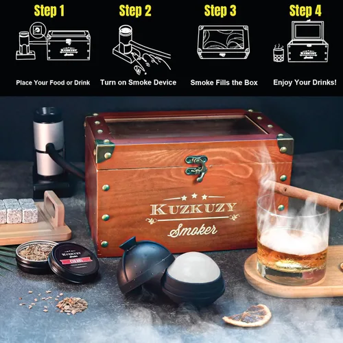 Vista 3 de Kit para ahumar cócteles - Kit ahumador para whisky con pistola ahumadora, caja ahumadora, astillas de madera de 6 sabores con piedras para whisky